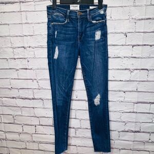 Frame Womens Blue Denim Raw Hem Hilltop Le High Skinny Jeans Medium Wash Size 24